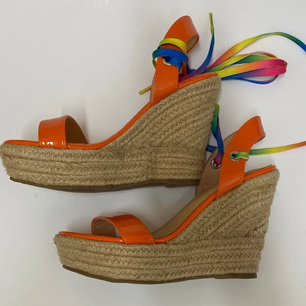 Liliana Orange Dopamine Wedge Espadrille with Multicolor Straps Size 5.5